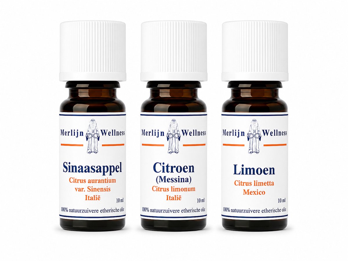 Merlijn Wellness - etherische olie - citrus - set van 3 - citroen - limoen - sinaasappel - olie