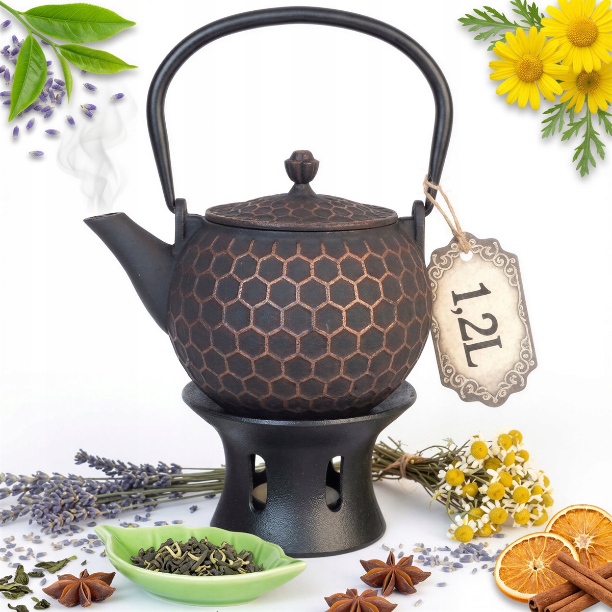 Gietijzeren theepot 1,2L met brander - Zwart/Koper
