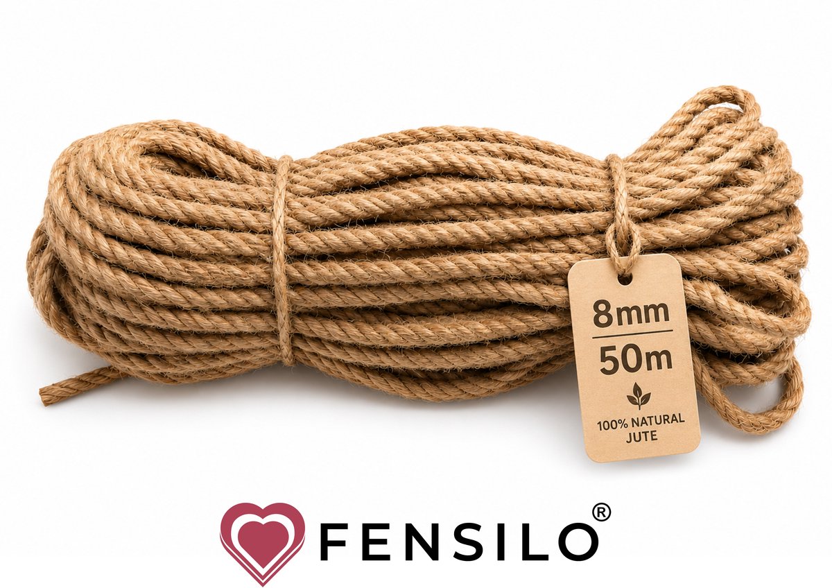 Jute Touw 50m Lang - 8mm Dik - Sisaltouw - Jute koord - Raamkoord - Natuurlijk hennep touw - Jute bindtouw Sisal touw voor DIY kattenkrabpalen Decoratie Naturel knutselwerkje FENSILO