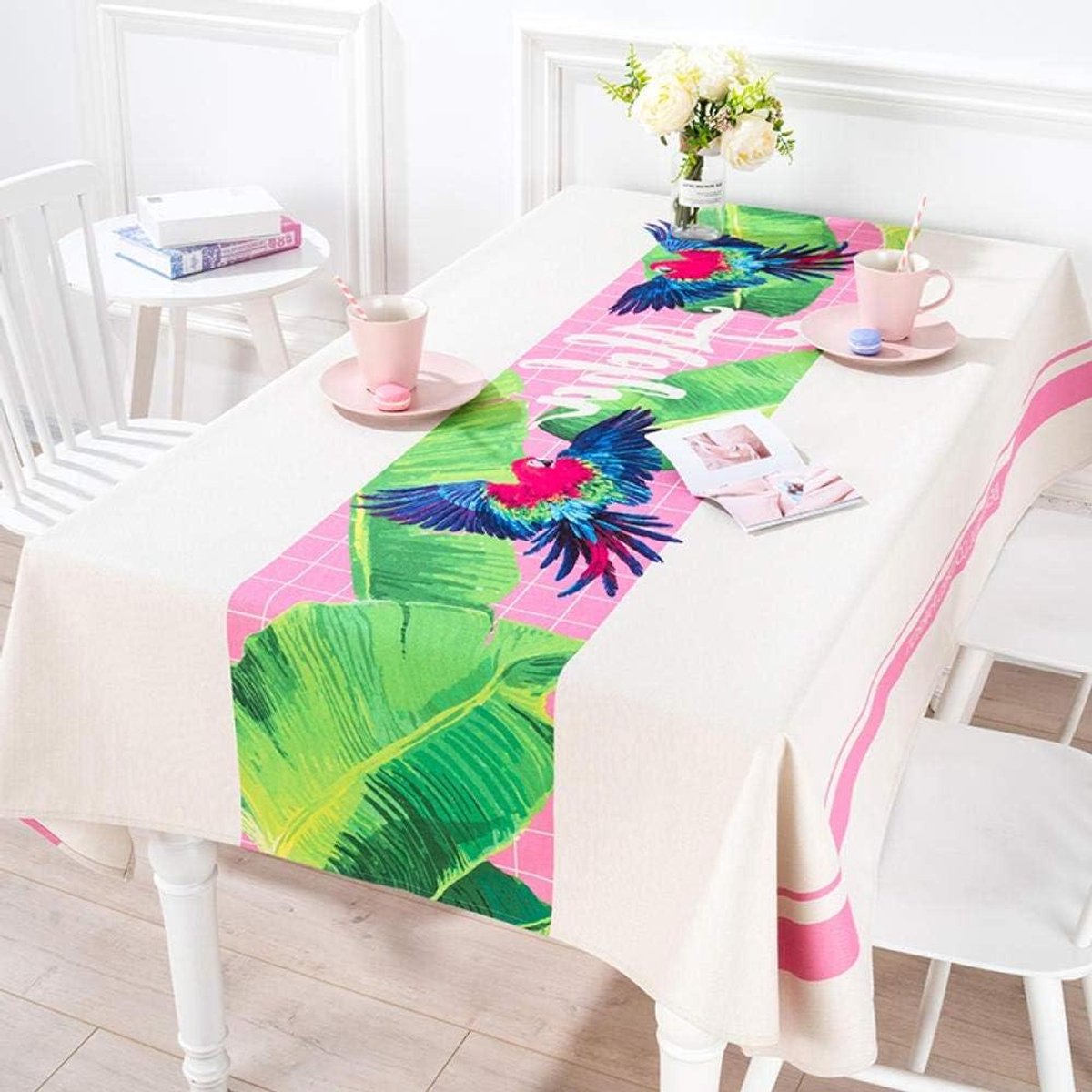 Tafelkleed - Linnen doek - Tafel decoreren - Ademend materiaal - 220x140cm - Regenwoudpapegaai