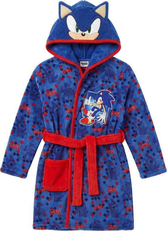 Peignoir bleu pour enfant avec imprimé Sonic et capuche représentant le visage de Sonic. Passepoil et ceinture rouges. Une image de Sonic appliquée sur la poitrine.