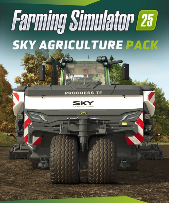 Farming Simulator 25: Sky Agriculture Pack-logo met een machine en tractor in de achtergrond.