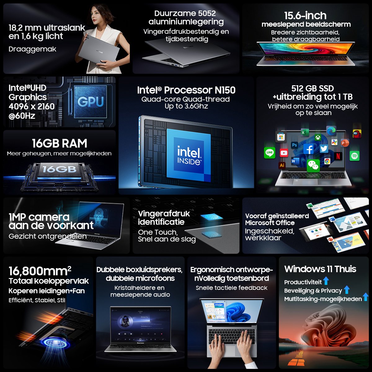 Blackview AceBook 8 Laptop - 15,6 inch Full HD - 16 GB RAM - 512 GB SSD - Intel N97 - Windows 11 Notebook - UHD Graphics - Grijs thumbnail 5