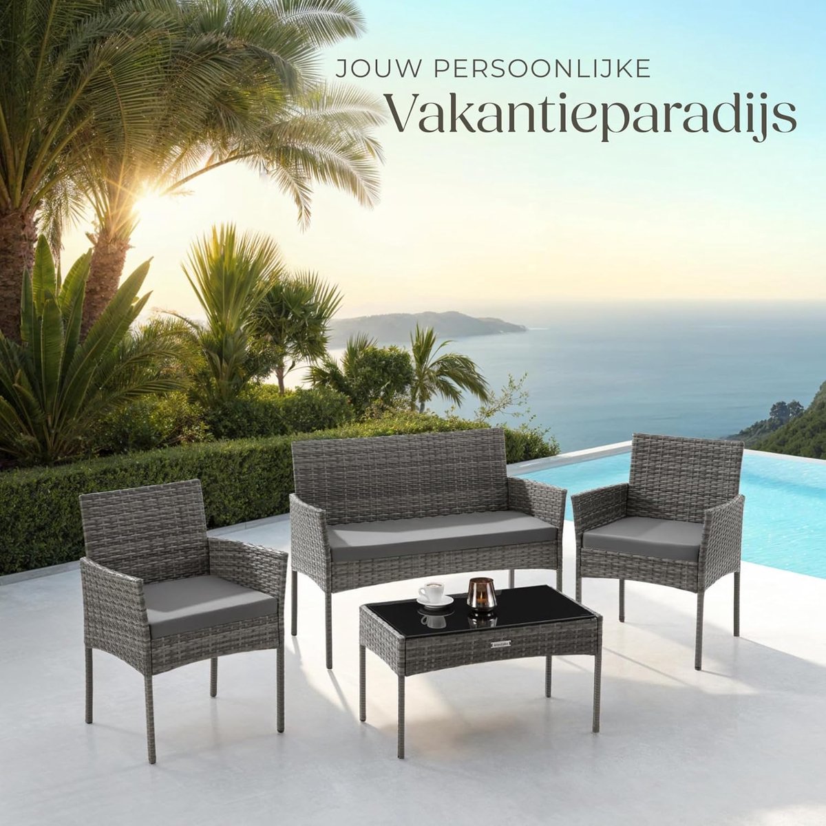 Luxe 4-Persoons Rattan Loungeset voor Tuin & Balkon 57 x 104 x 79 cm – Weerbestendig Wicker, Waterafstotende Kussens & Stalen Frame (Mobili Bella)
