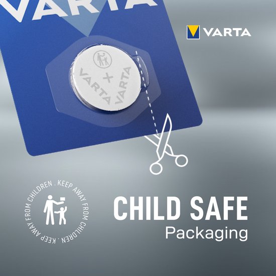 Varta CR2025 knoopcelbatterij in kindveilige verpakking, met schaar-pictogram.