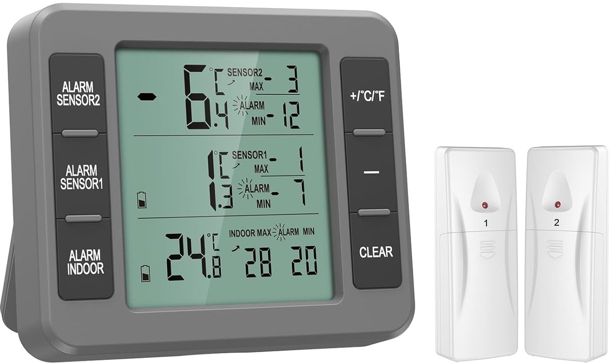 Digitale Koelkastthermometer - Vriezer Monitor - Voedsel Opslag - Dubbele Draadloze Sensoren - 100m Bereik - Grijs