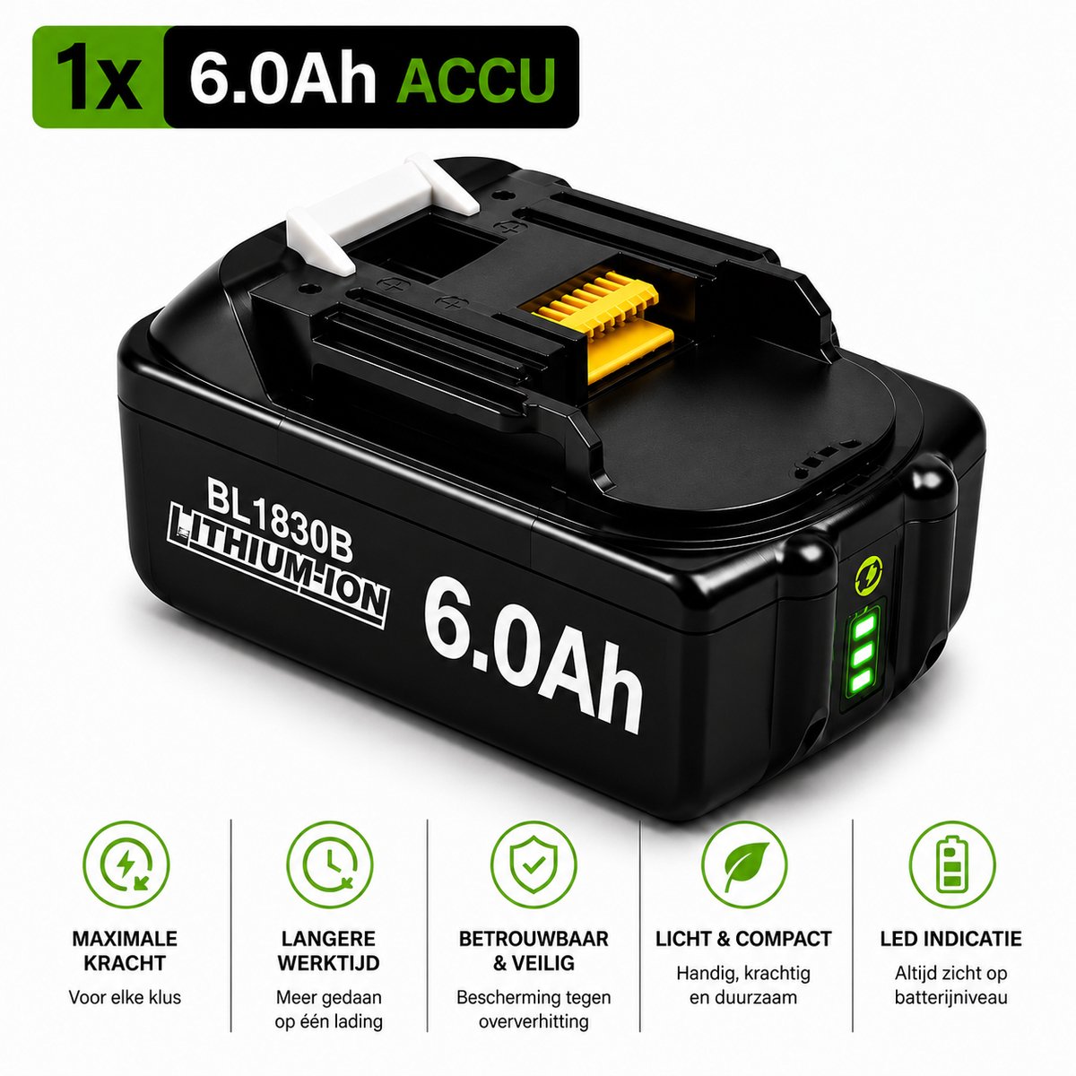 EXPERT 18V Accu geschikt voor Makita - Extra Groot 6.0Ah - 18V 6.0Ah Batterij - Vervangende Accu - 6000mAh - LED display - Li-ion Accu - LED Display - Accuboormachine - 18V BL1830B BL1860B BL1840B BL1815 LXT-400 BL1850B