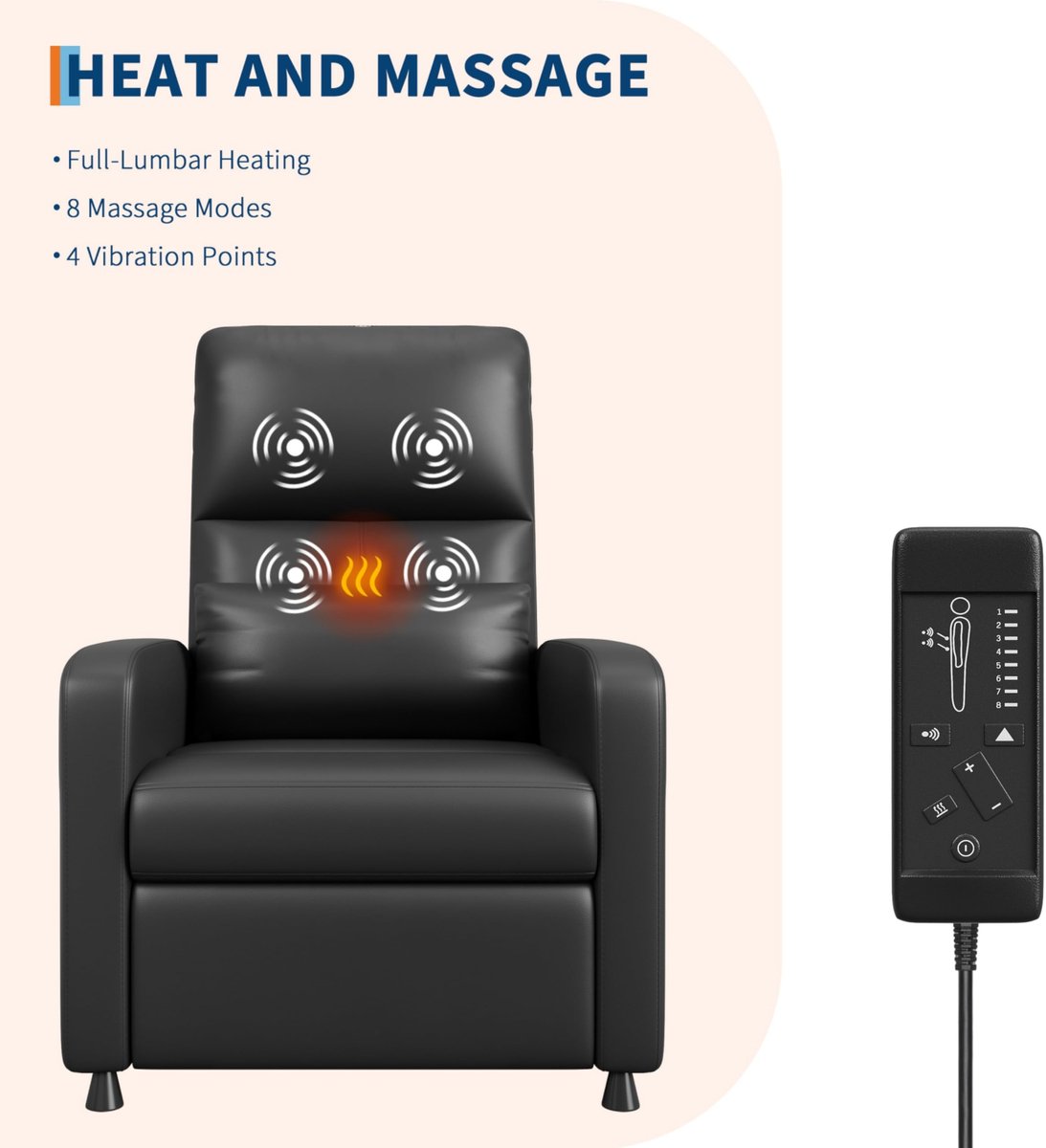 Relaxstoel Massagestoel Elektrisch, PU-Leder, Verstelbare TV Fauteuil met Voetensteun en Verwarming, Luxe Ligstoel voor Woonkamer, Slaapkamer, Kantoor, Zwart – foto 6
