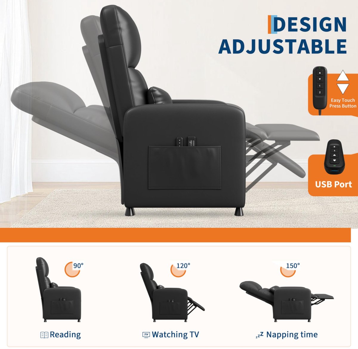 Relaxstoel Massagestoel Elektrisch, PU-Leder, Verstelbare TV Fauteuil met Voetensteun en Verwarming, Luxe Ligstoel voor Woonkamer, Slaapkamer, Kantoor, Zwart – foto 2