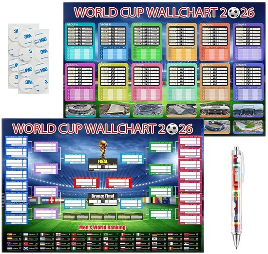 2-delige Set WM 2026 Speelplan Poster -World Cup Speelschema Voetbal WK Planner met Alle Wedstrijden, Groepen & Finale - Wereldbeker Wandposter voor Fans - Toernooischema met 48 Teams (met Vouwlijnen)