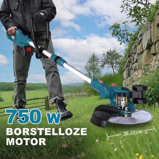 Man met grastrimmer met 750W borstelloze motor, snijbreedte 20,32 cm, in een grasveld.