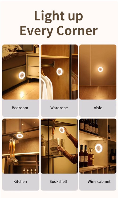 Oplaadbaar LED-nachtlampje - Bedlampje - Magnetisch minilampje - Draadloos dimbaar aanraaklampje - 3 kleurstanden voor slaapkamers, kinderkamers, gangen, kledingkasten en keukenkastjes - Set van 2 van Merkloos — afbeelding 4