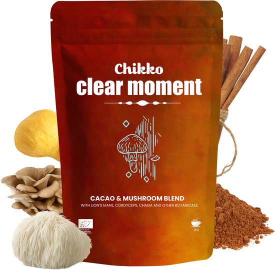 Bruine verpakking van Chikko clear moment met cacao, paddenstoelen, kaneel en poeder.