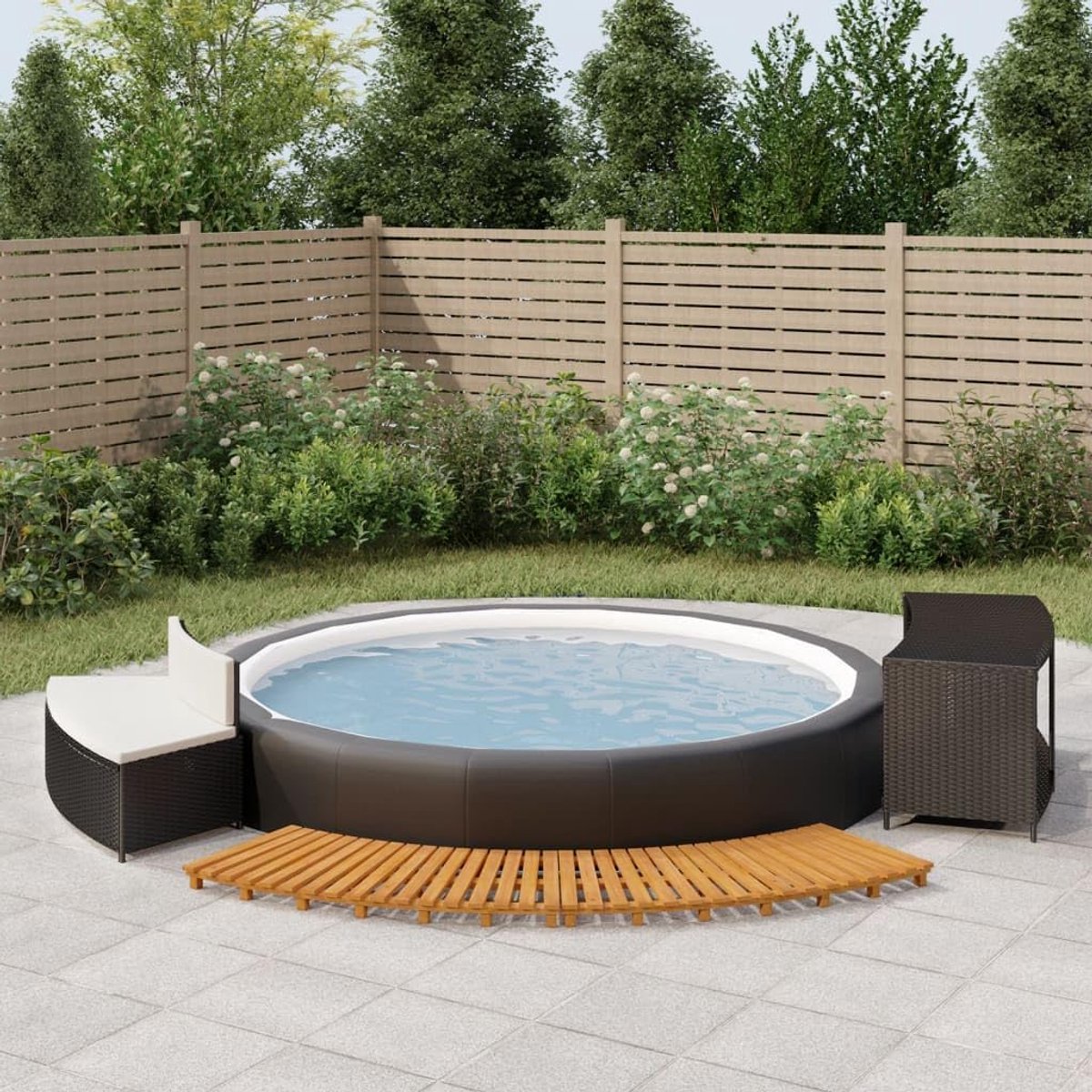 SpaMini Luxe Whirlpool Opzet Omranding met Zitbank en Opbergruimte 78x45x30 cm Zwart Polyrotan & Acaciahout Weerbestendig Compact Spa Accessoire