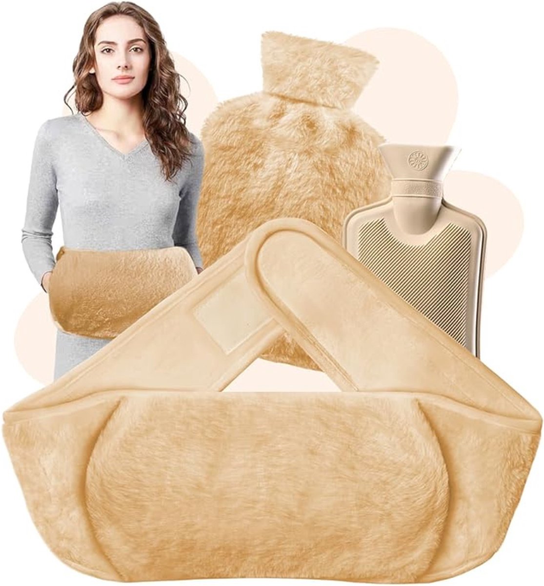 Verte Kruikzak - 3-in-1 Warmwaterkruik – Inclusief Hoes – Rubberen Kruik voor Pijnverlichting – Nek – Schouders – Rug – Onderrug – Menstruatiepijn – 1,2 L – Beige
