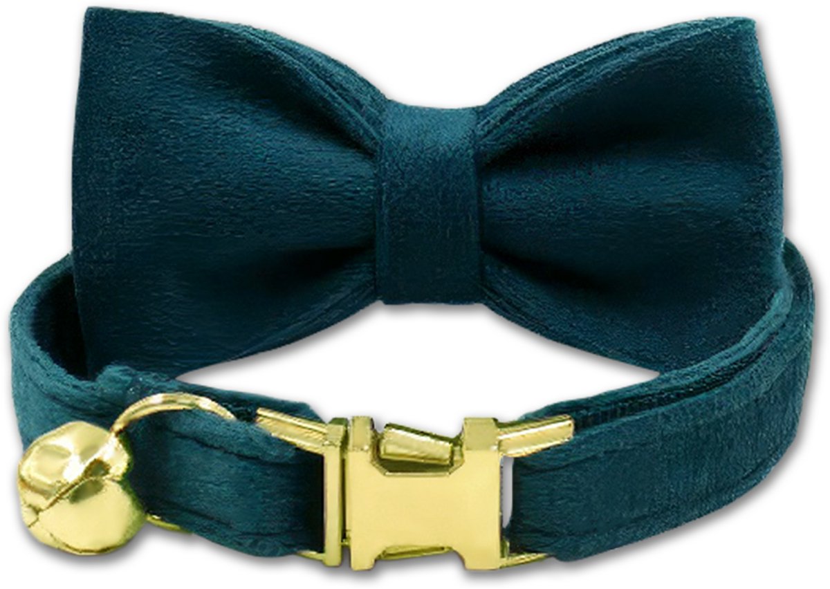 LUQ – Kattenhalsband Groen met Strik – Premium Velvet – Gouden Belletje – Verstelbaar tot 32cm – Luxe Gouden Sluiting