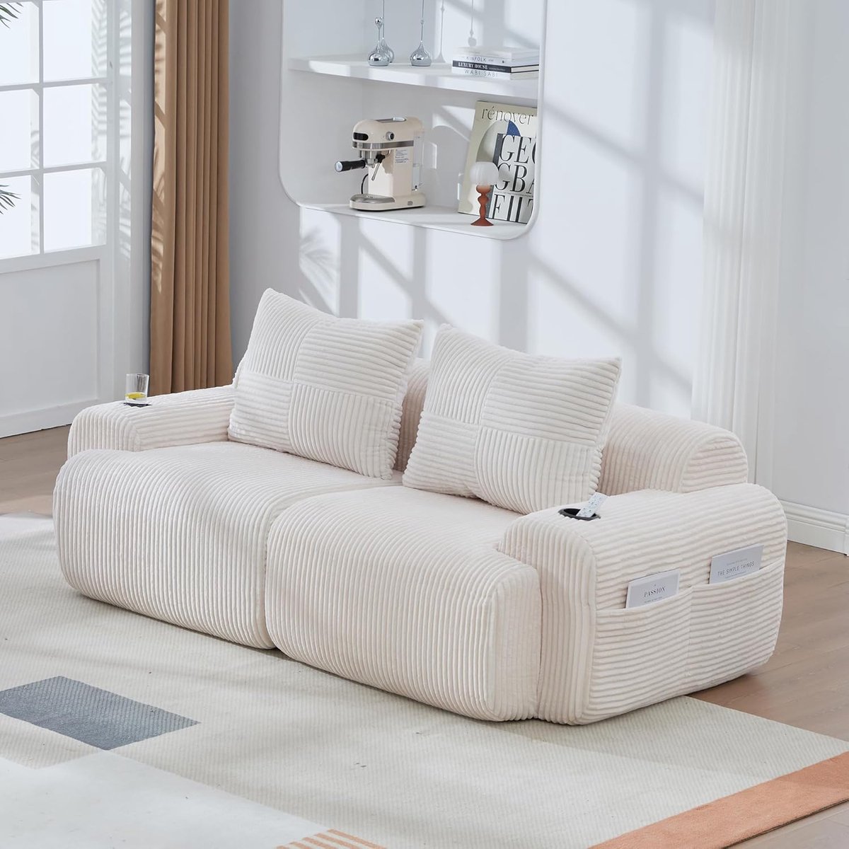 Luxe Corduroy Modulaire Tweezitsbank met Bekerhouder en Opbergzak – 200 cm Breed Comfort S