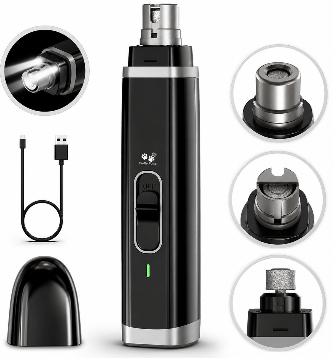 Pretty Paws Elektrische Nagelvijl voor Huisdieren - Nagelknipper & Trimmer - Diamant Vijlkop - Stil & Veilig - Oplaadbaar via USB - LED Licht - Geschikt voor Honden, Katten & Kleine Dieren - Professionele Nagelvijl Zwart