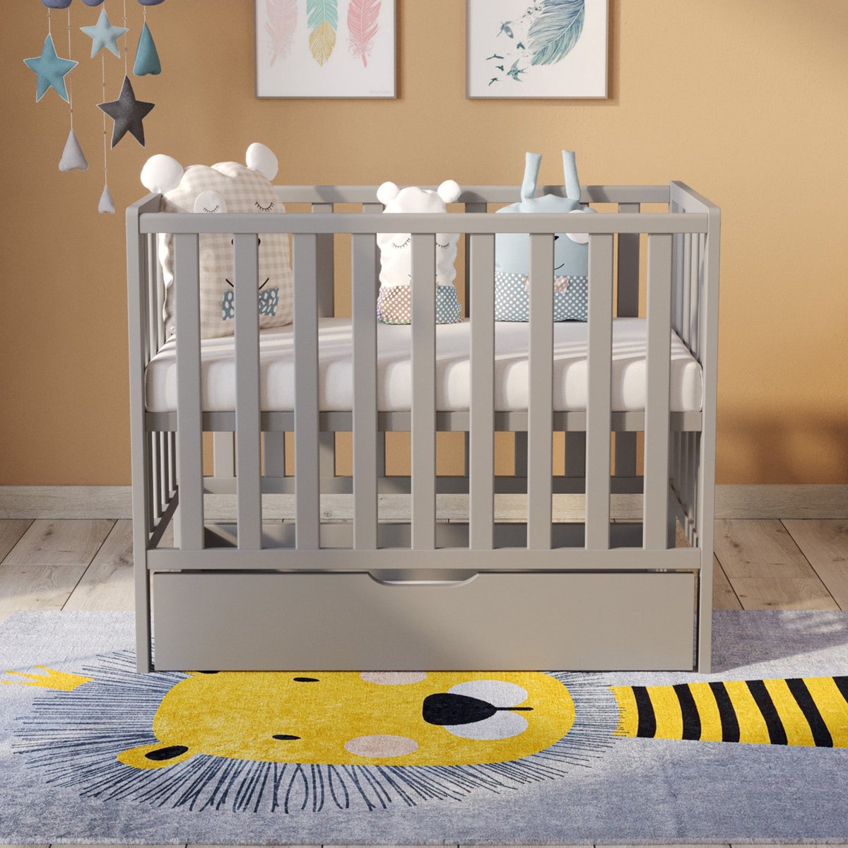 Love For Sleep Paris Babybedje 2-in-1 – Meegroeibed 104x56 cm – Inclusief Comfortabel Schuimmatras & Schuiflade – Massief Grenenhout – Grijs