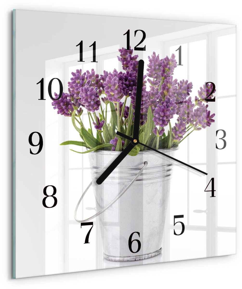 TULUP Wandklok - Lavendel Moderne Wandklok Glas - 30x30 cm - Paars Wandklok Glas Decoratie - Zwarte Handen - Vierkante Wandklok - Klok Glas Met Opdruk - Moderne Wandklok Glas Paars - Lavendel