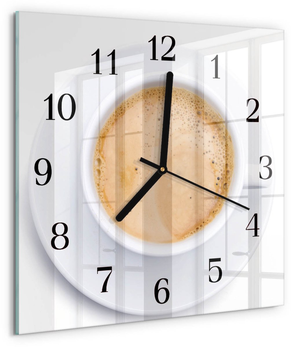 TULUP Wandklok - Kopje koffie Wandklok Glas Decoratie - 30x30 cm - Beige Gekleurde Glazen Klok - Zwarte Handen - Vierkante Wandklok - Wandklok Glas Met Motief - Decoratieve Glazen Klok Beige - Kopje koffie