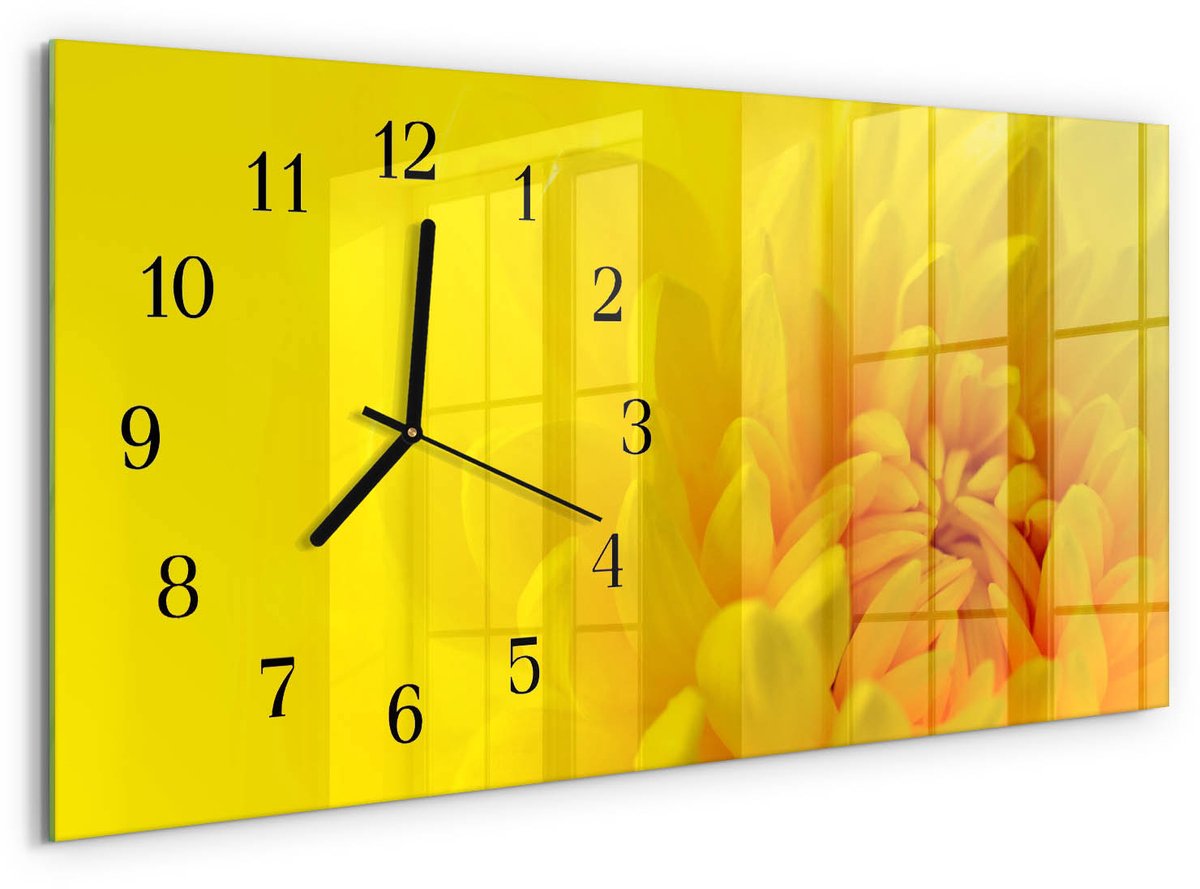 TULUP Wandklok - Bloem Moderne Wandklok Glas - 60x30 cm - Geel Wandklok Glas Decoratie - Zwarte Handen - Rechthoekige Wandklok - Moderne Wandklok Glas - Wandklok Glas Decoratie Geel - Bloem