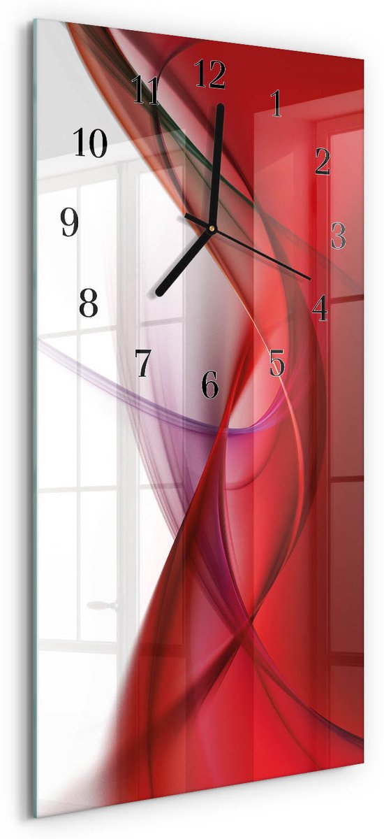 TULUP Wandklok - Abstractie Wandklok Glas Decoratie - 30x60 cm - Rood Gekleurde Glazen Klok - Zwarte Handen - Rechthoekige Wandklok - Gekleurde Glazen Klok - Glazen Klok Met Print Rood - Abstractie