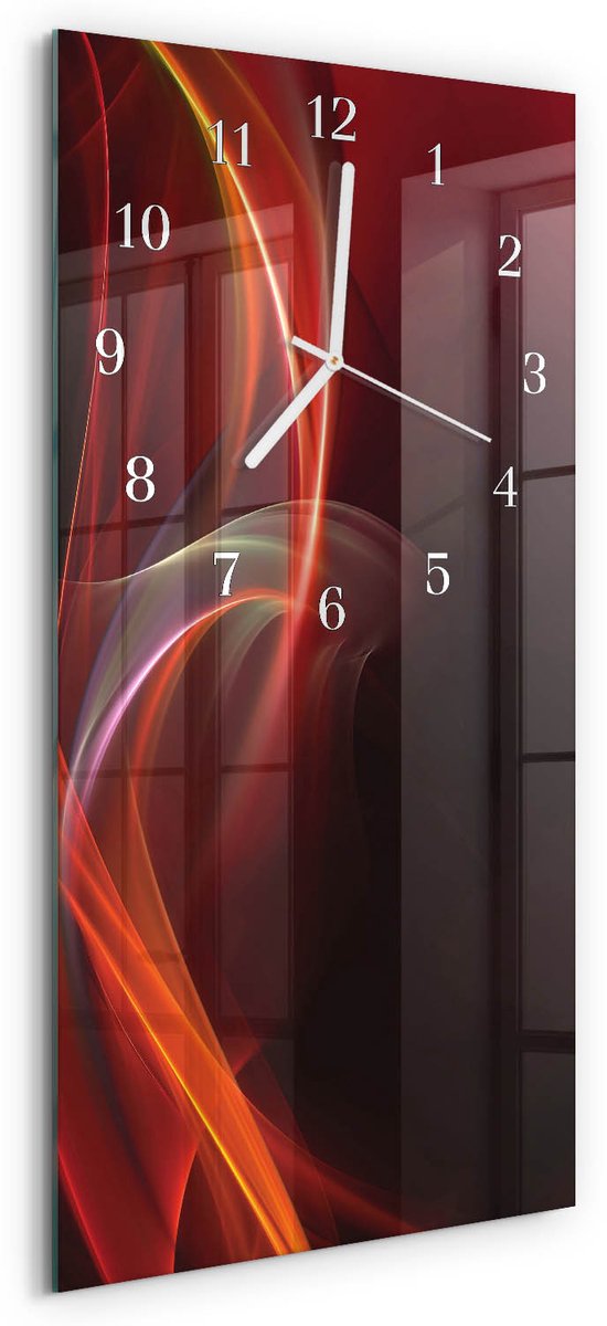 TULUP Wandklok - Abstracte lijnen Glazen Klok Met Print - 30x60 cm - Rood Moderne Glazen Wandklok - Witte Handen - Rechthoekige Wandklok - Klok Glas Met Opdruk - Moderne Wandklok Glas Rood - Abstracte lijnen