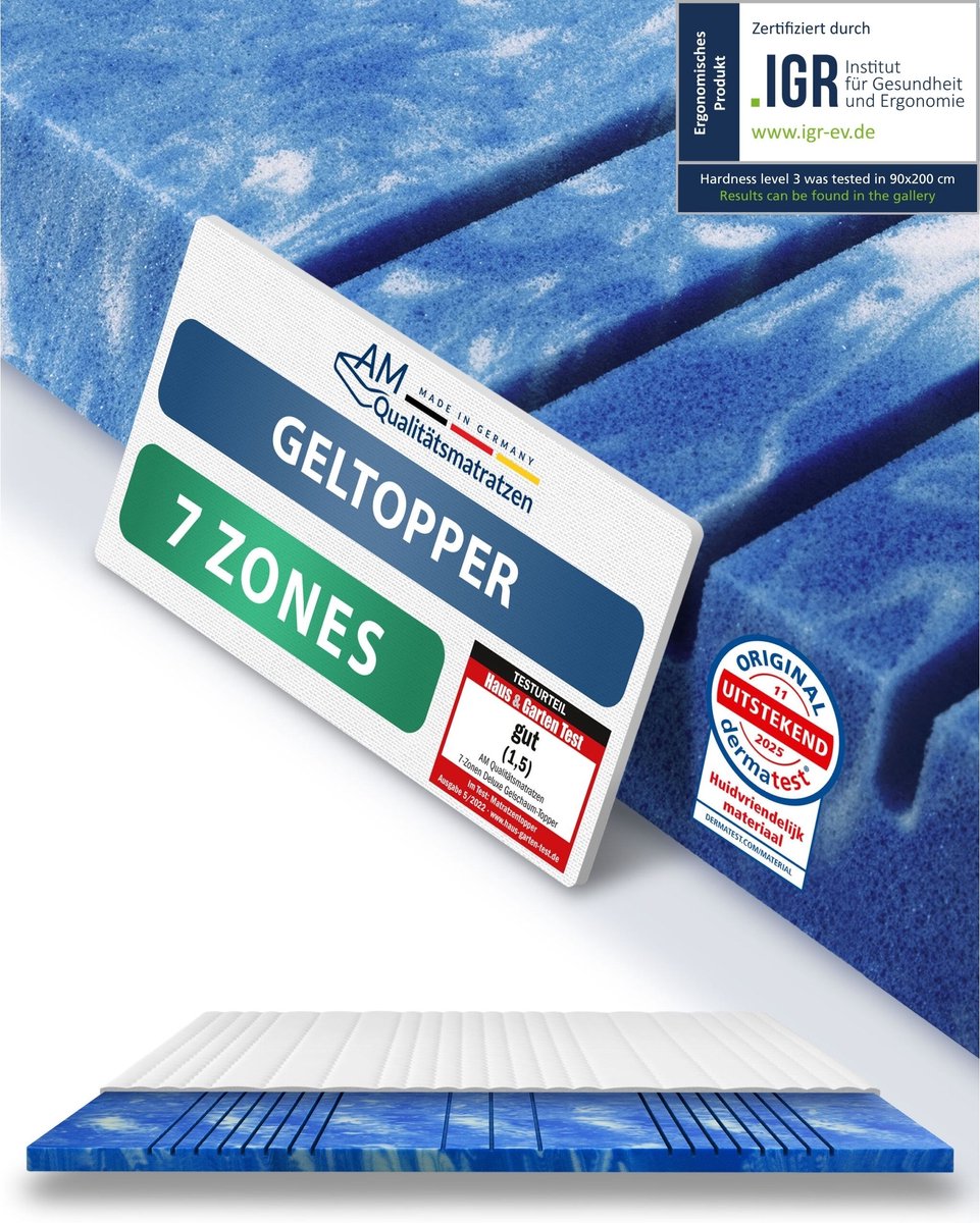 AM Qualitätsmatratzen 7 Zone Deluxe Gelschuim Topper 240x200cm (SG50) - Premiumhoogte 8 cm - Memory foam mattress topper 240 x 200 8cm - TENCEL Lyocell tijk - Zacht en aanpasbar - Made in Germany Wit