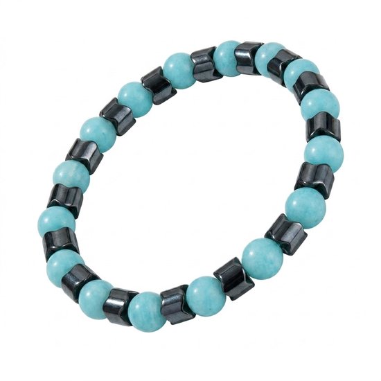 Bracelet en perles turquoise alternant avec des perles d'hématite mates et cylindriques.