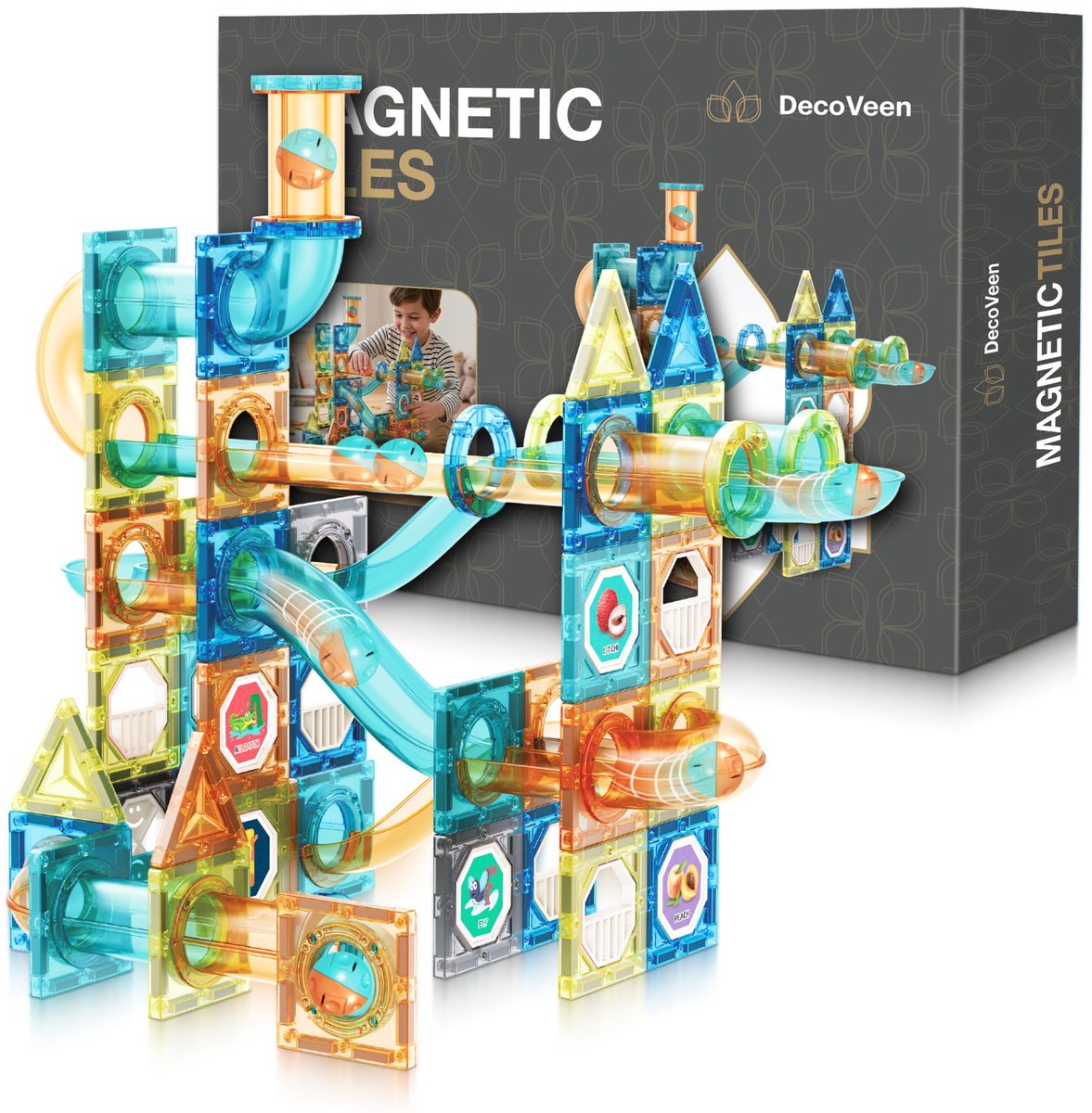 DecoVeen® Magnetic Tiles 128 Stuks – Magnetisch Bouwspeelgoed met Knikkerbaan – Educatief Constructie Speelgoed – STEM Speelgoed - Magnetische Tegels – Voor Kinderen 2-12 Jaar
