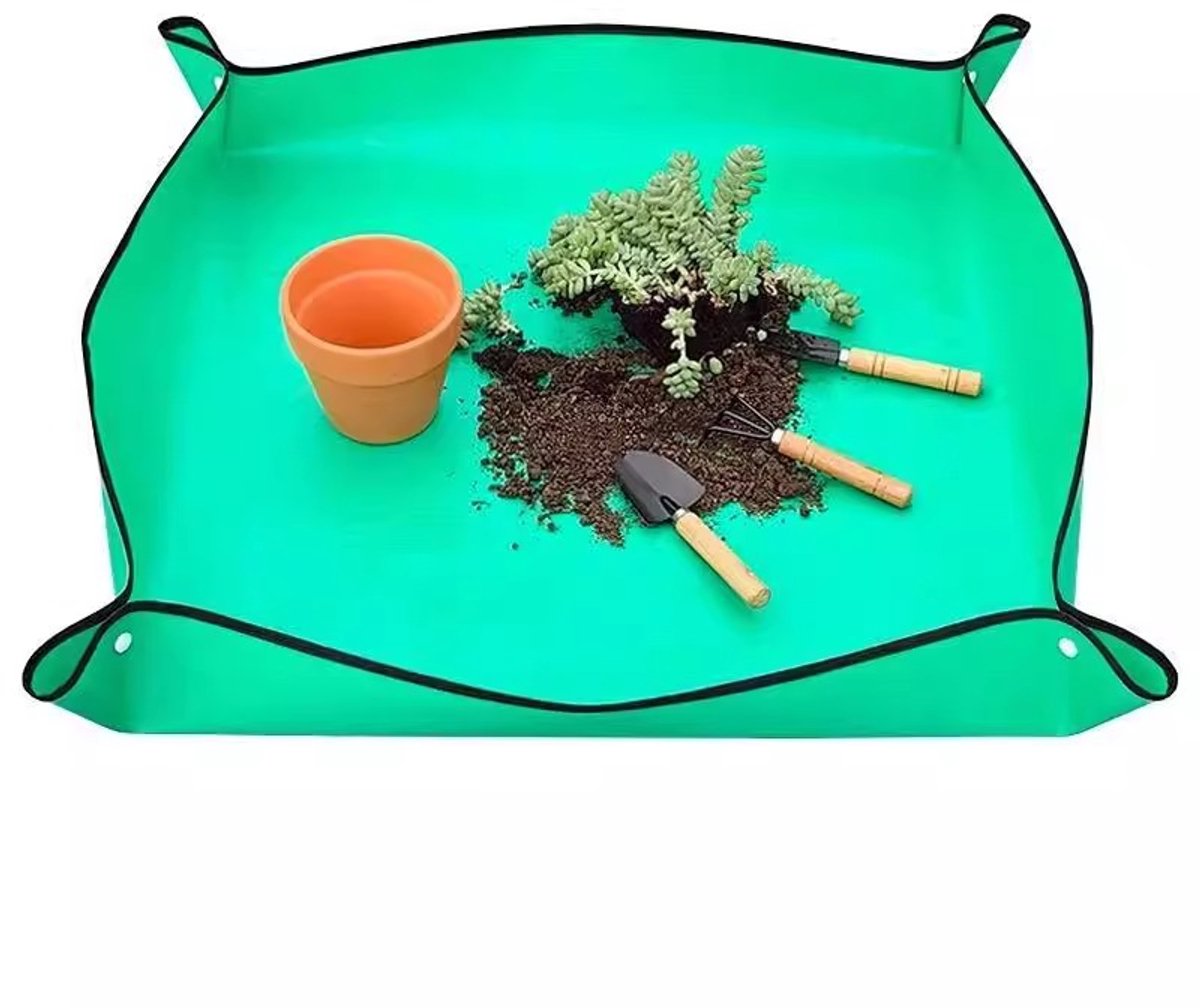 Tuinmat-Verpotmat-Extra Large Verpotmat 100x100cm - Waterdichte Plantenmat voor Binnen - Opvouwbare Potgrond Opvangmat met Drukknoppen - Verplantmat voor Succulenten en Orchideeën