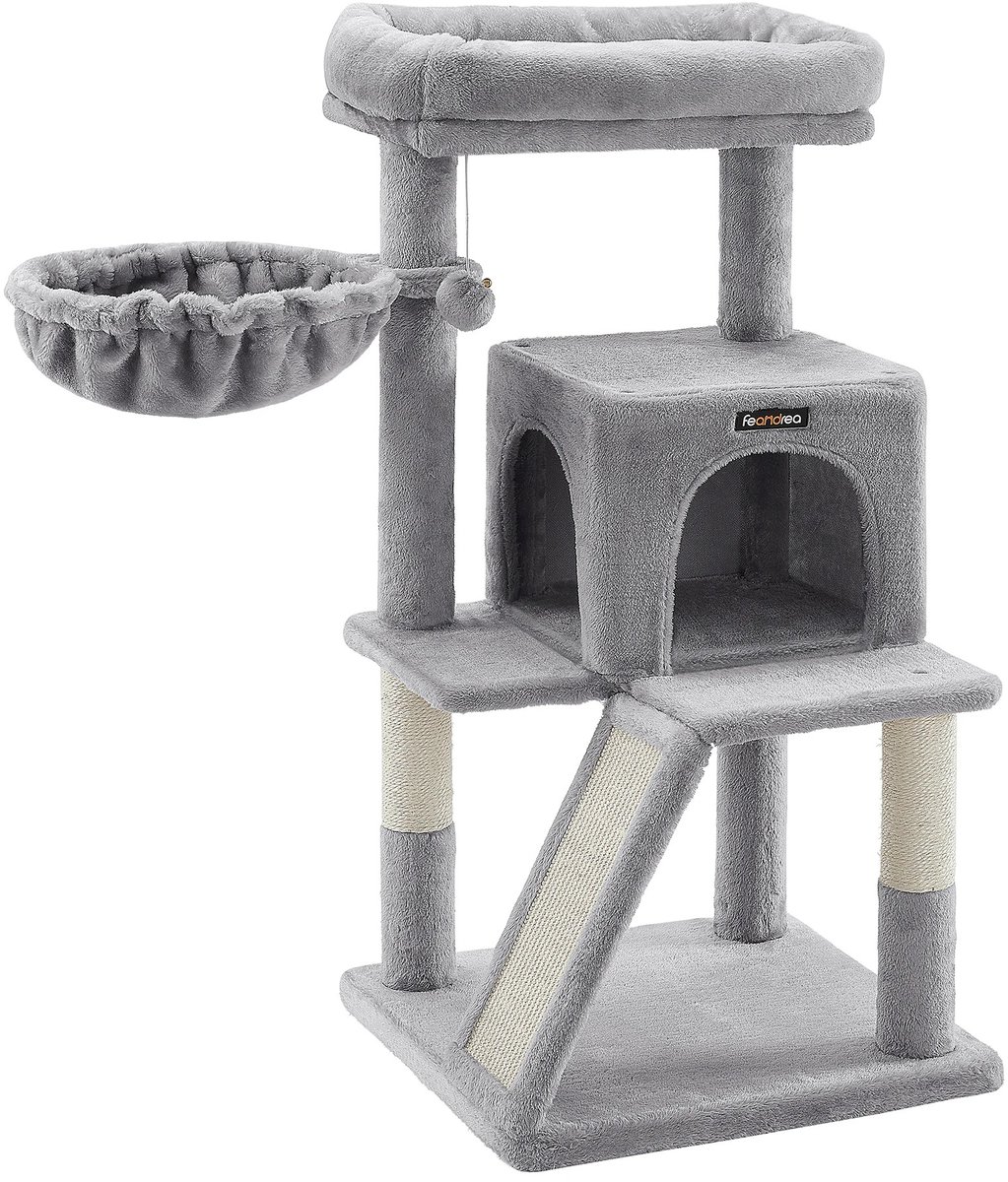 Velmio Krabpaal voor katten - Kattenboom - Met Krabplank & Trap - 4 Laags - 48x48x96 - Grijs - Voor Binnen Katten