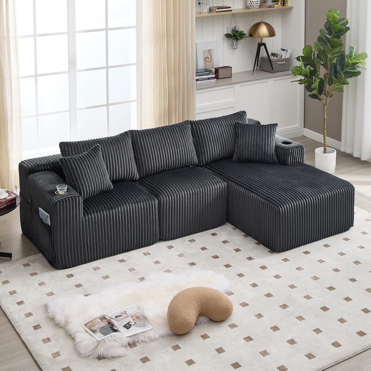 Luxe Corduroy Hoekbank L-vorm 257 x 160 x 80 cm met Opbergruimte, Bekerhouders & 5 Kussens – Comfortabele 3-Zits Sofa Chaise voor Woonkamer, Appartement & Studio