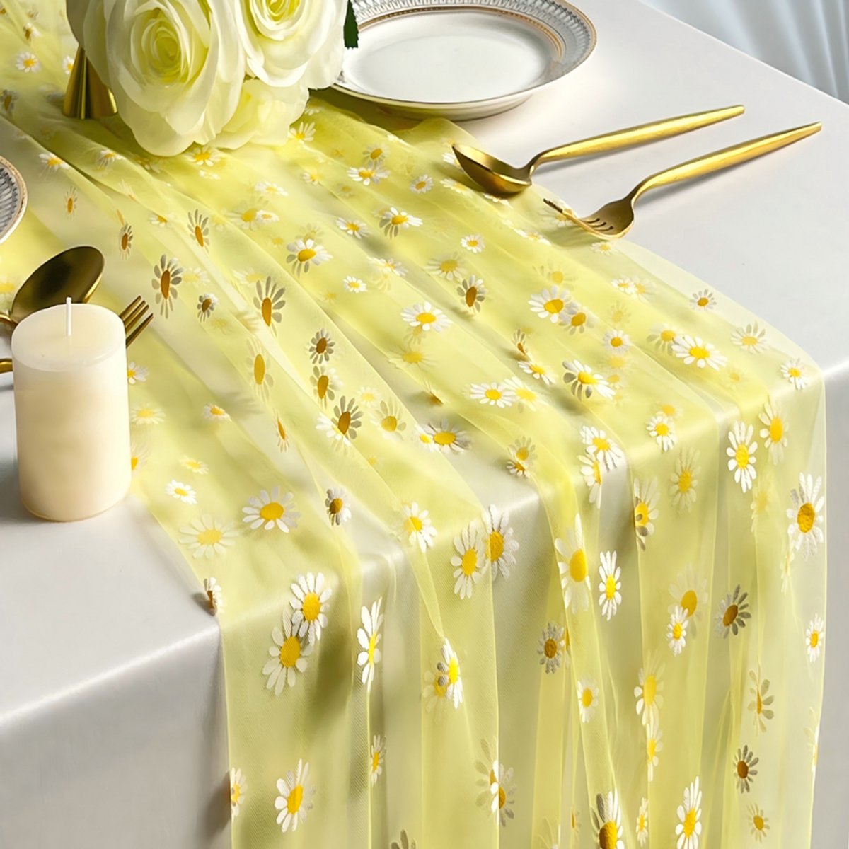 Tafelloper — Maat L — 75 x 400 cm — Tafellinnen — Transparante mesh & tule — Bloemenpatroon (madeliefjes) — Ideaal voor bruiloften & banketten — Geschikt voor familiebijeenkomsten, feestdagen en verjaardagsfeestjes — Transparante gaas-tafeldecoratie