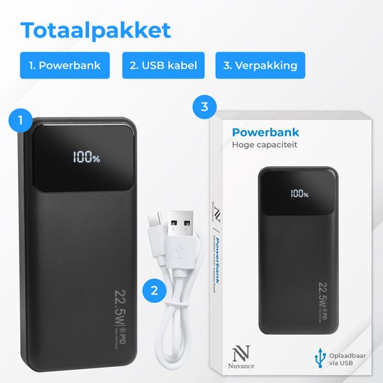 Zwarte powerbank met 100% batterij, USB-kabel en verpakking.