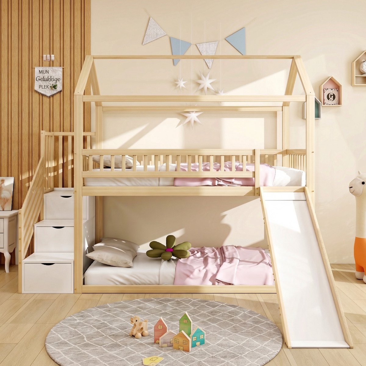 VVBV Hoogslaper met Glijbaan en Opbergtrap 90x200cm, Massief Houten Kinderbed met Uitvalbeveiliging en Lattenbodem, Houtkleur