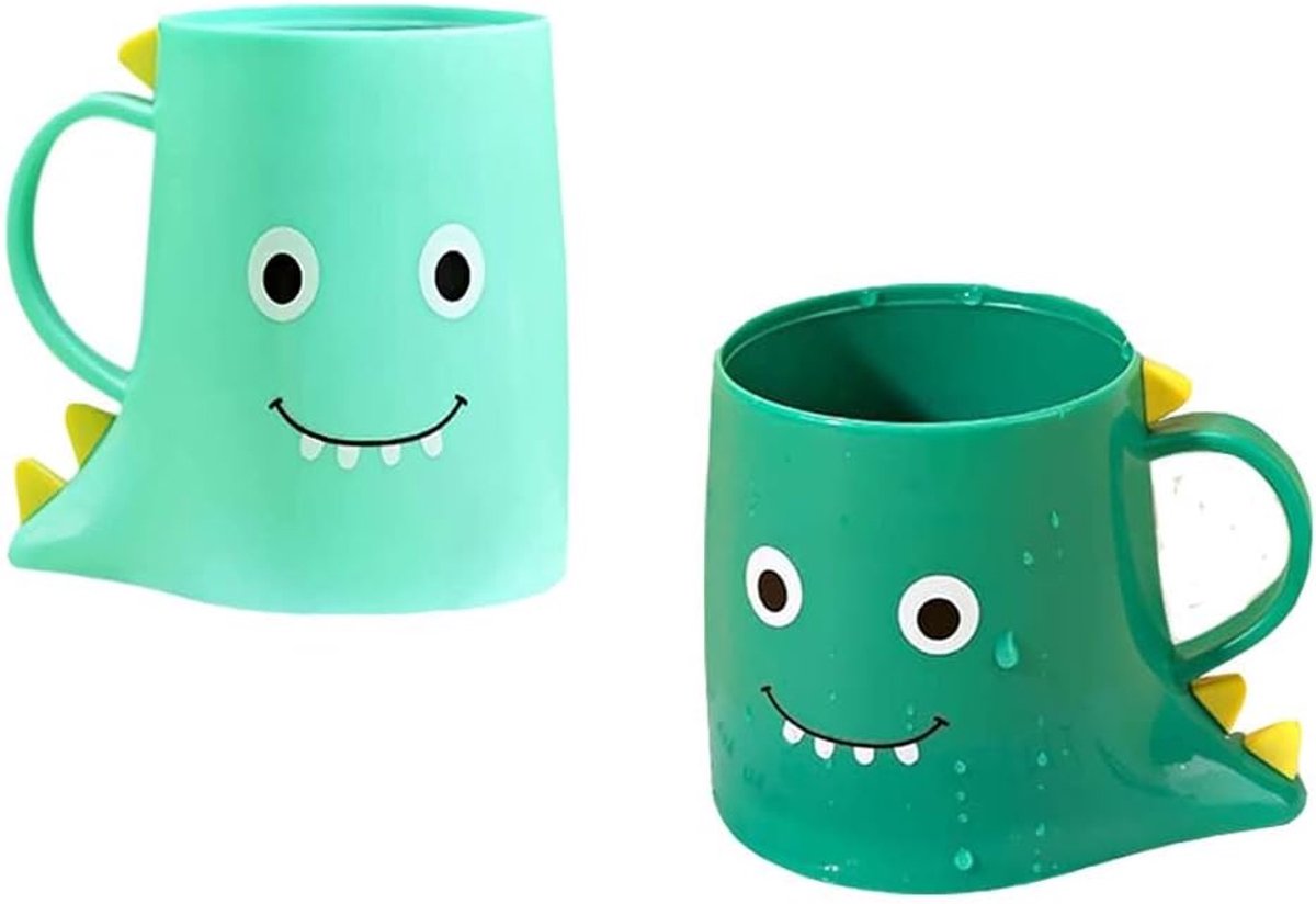 JeiibrZui Kindertandbeker Set - 2 Stuks Dinosaurier Ontwerp - Kunststof Beker Met Handvat - Groen En Lichtgroen - Voor Badkamer Gebruik