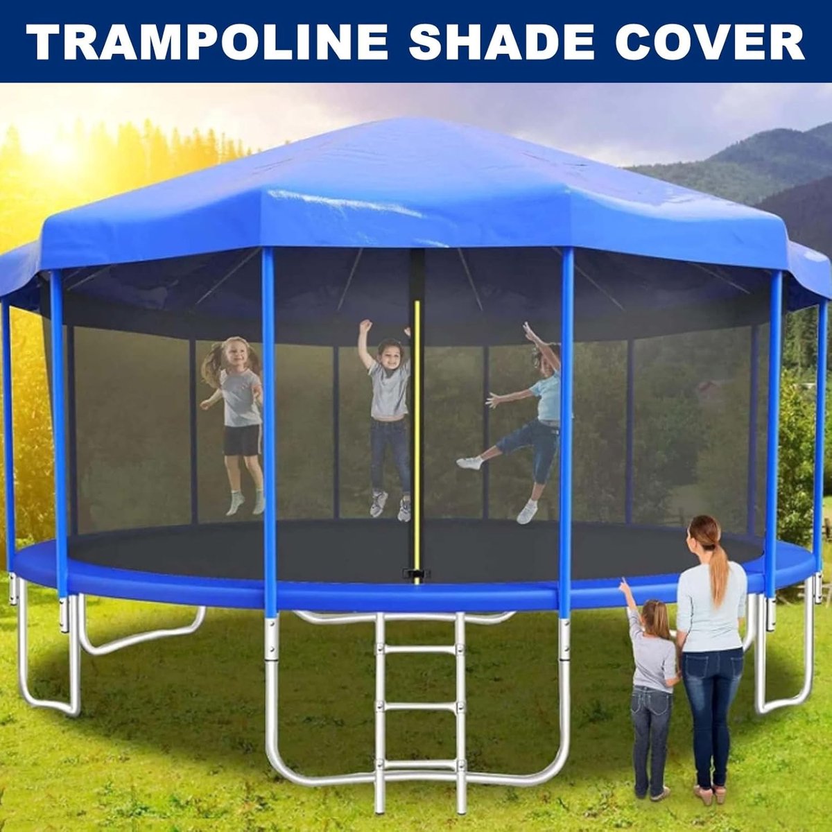 Trampoline Zonnedak met Frame – UV Beschermhoes voor 1,8 m tot 4,8 m Trampolines – Weerbestendige Trampoline Afdekking met Stevige Stangen & Schaduwdoek