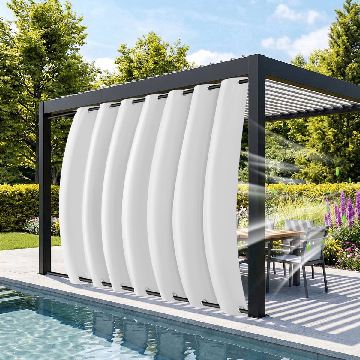 MUPOO Buitengordijnen Waterdicht & Windbestendig met Ringen Boven en Onder - Dubbele Bevestiging tegen Wind - Verduisterend & UV Werend - Outdoor Gordijnen voor Terras & Pergola - 132x244 cm - Grijswit - 2 stuks (Rideau Extérieur Imperméable) grijsachtig wit-2 stucks
