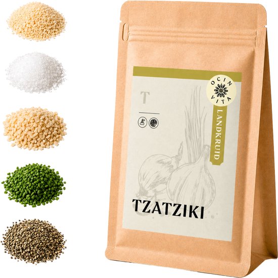 Pakket tzatziki kruidenmix van Ocin Vita met ui, met stapels van verschillende kruiden.