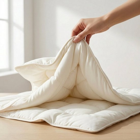 Crème deken met quiltpatroon, opgevouwen, vastgehouden door een hand, op houten tafel.