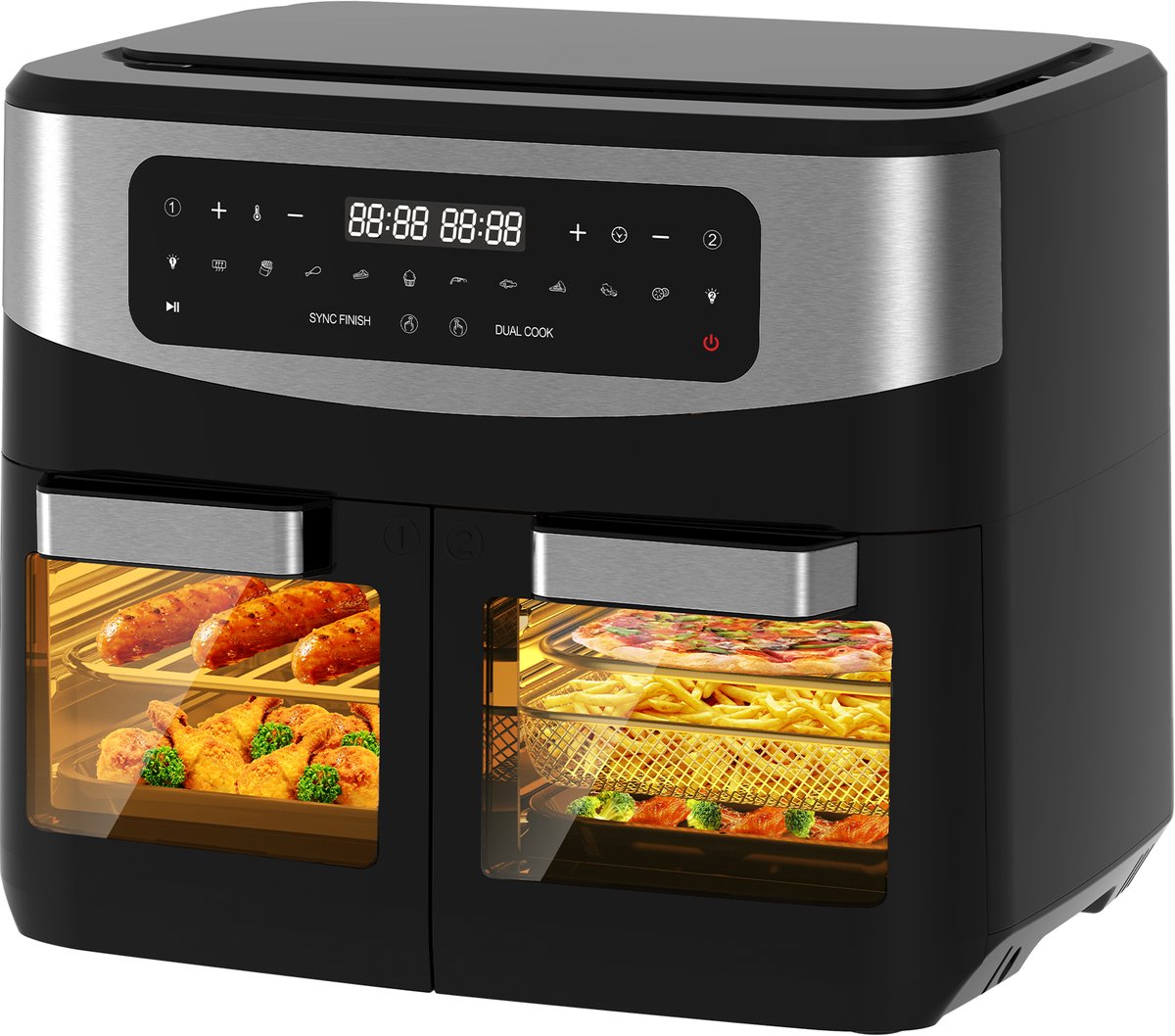 AIMASON KDFO-5511DTW Heteluchtfriteuse - 2600W Airfryer met dubbele bakruimte en kijkvenster- Dual Zone 12L met uitneembare scheidingswand - 10-in-1 - Eenvoudig schoon te maken - Vetarm koken zonder olie - Recepten