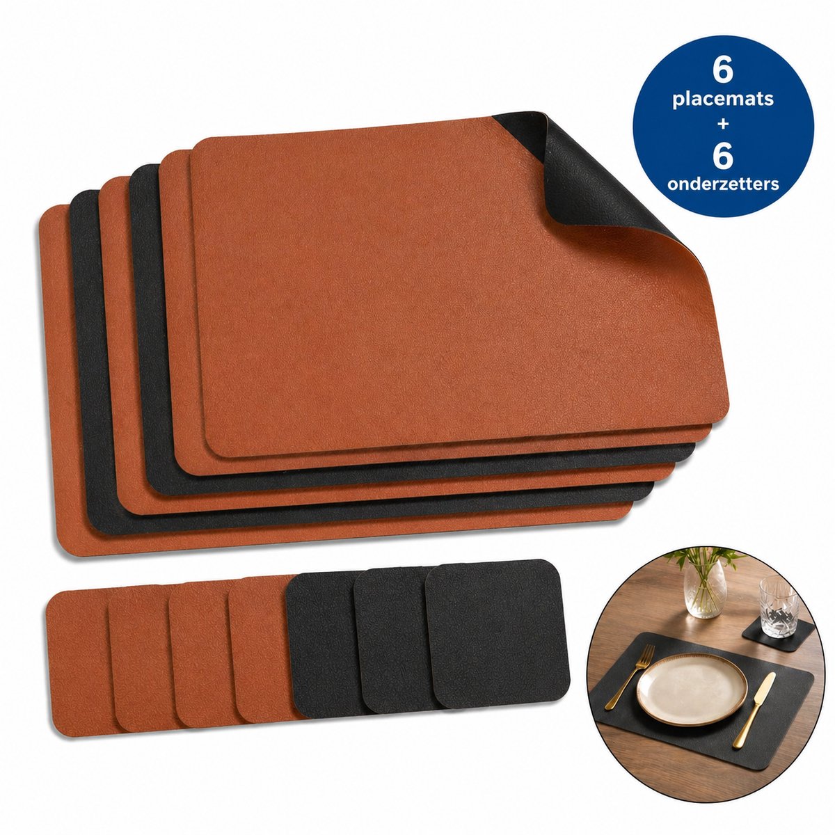 DIVERZA Placemats – Lederlook Placemats & Onderzetters – Waterafstotende Onderleggers Voor Bestek en Glazen – Stijlvolle Tafelbescherming – Set van 6 Placemats en Glazen Onderzetters –Dubbelzijdig Zwart en Bruin