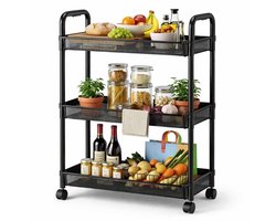 Keukentrolley op Wieltjes – 3 Laags – Metaal – Zwart – Kitchen Organizer – Met Haken – Verrijdbaar & Stevig
