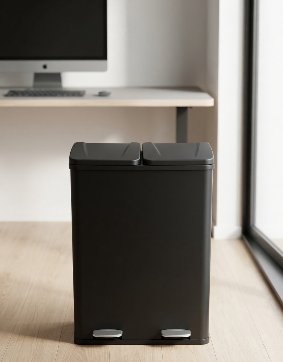 Luxe Duo Prullenbak 60L Zwart – Afvalscheiding met 2 Vakken (2x30L) – RVS Pedaalemmer met Soft Close Deksel – Vingerafdrukvrij – Rechthoekige Vuilnisbak voor Keuken & Kantoor Ganeey