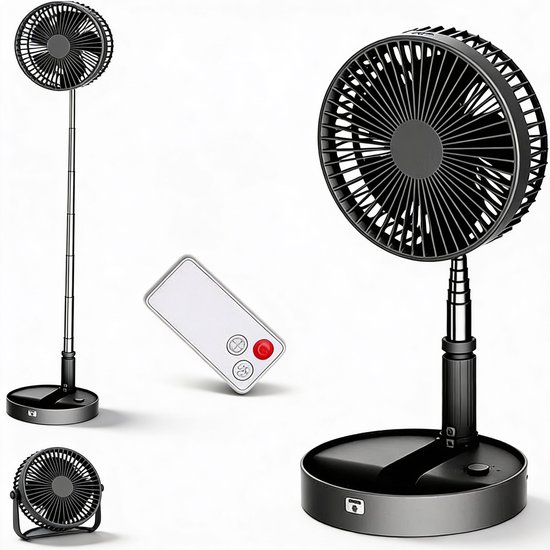 Draadloze statiefventilator 2-in-1 met afstandsbediening, verstelbaar, 4 snelheden, fluisterstil, lange batterijduur