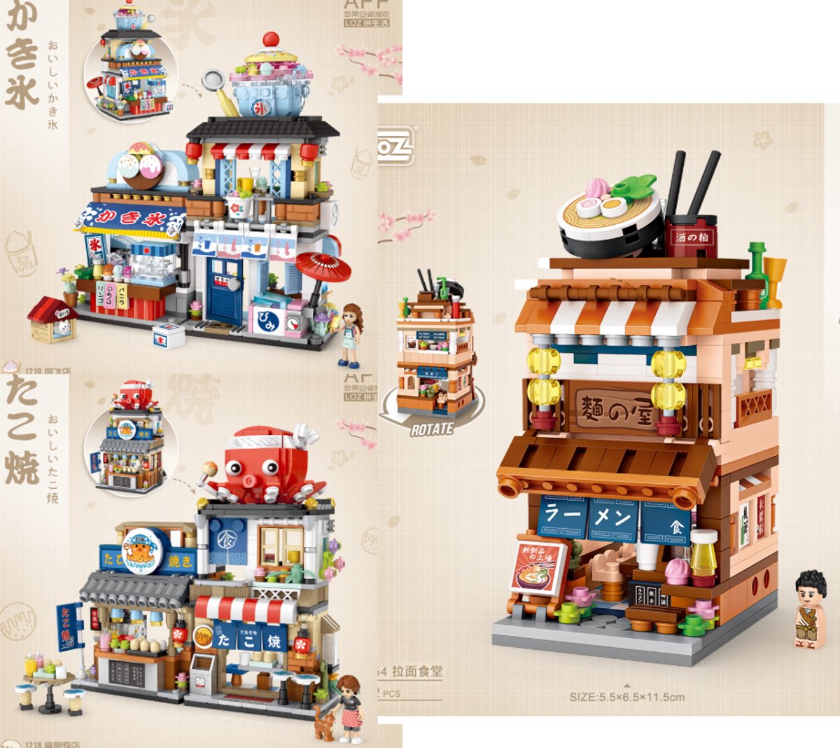 LOZ 1218 & 1219 & 1654 - 3 in 1 bundle - Japanese Street Bundle - Street Food Octopus Balls Stand & Shaved ice shop & Ramen canteen