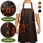 Leren Schort Donker Bruin – Stoer Kookschort van echt Leer met Drankhouder, Flesopener, Handdoeklus en Groot Vak – BBQ accessoire voor Mannen – Leren Heren Barbecue Schort als Cadeau voor Vaderdag, Kerst of Verjaardag