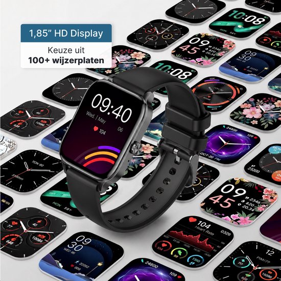 Zwarte smartwatch met groot HD-display, omringd door meer dan 100 wijzerplaten.